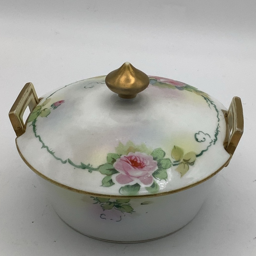 Antique  Nippon Three Piece  Hand Painted Floral Butter Dish